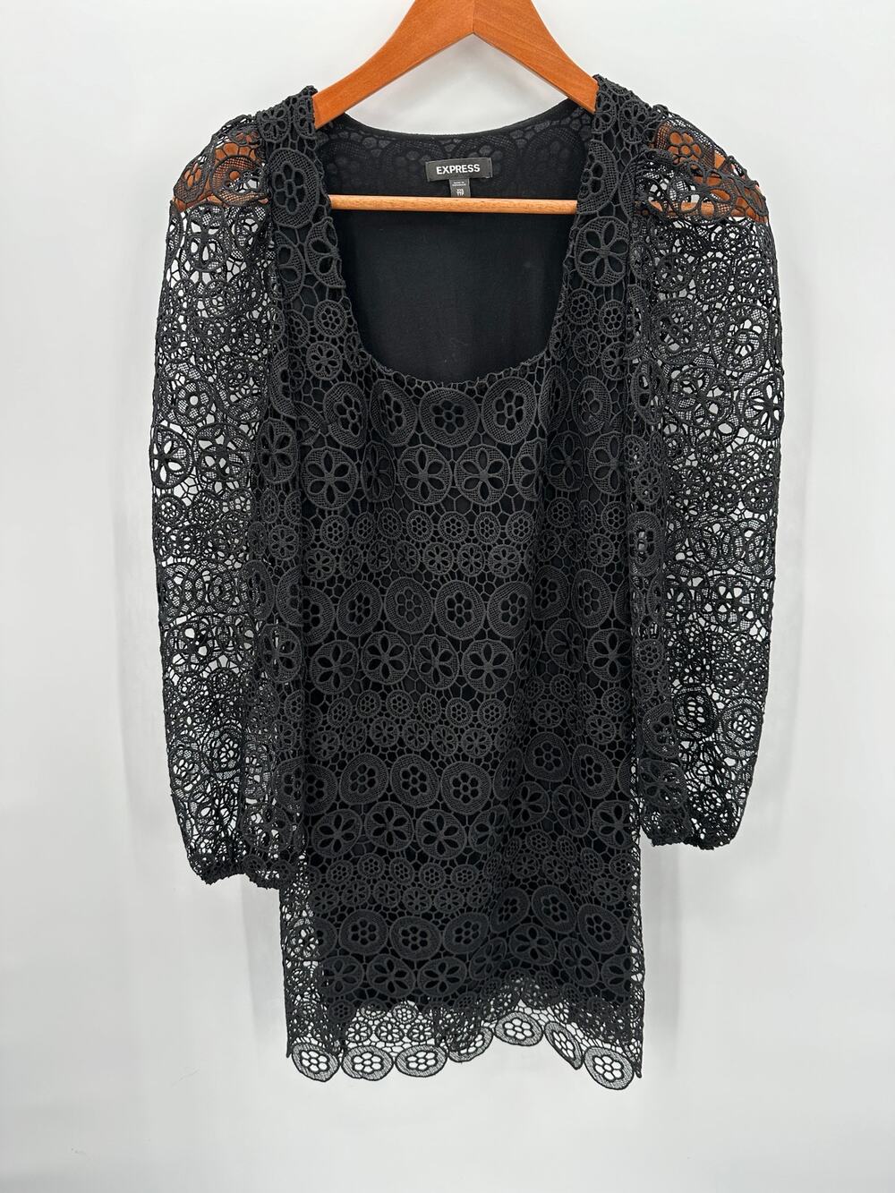 EXPRESS Black Lace Puff Long Sleeve Square Neck Dress // XXS
